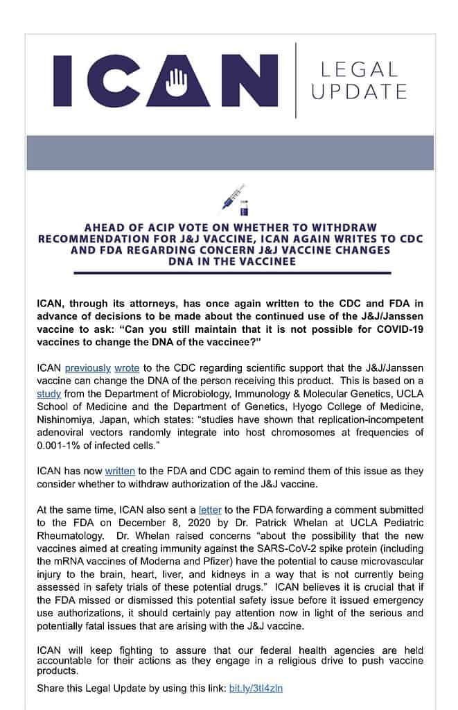 ICAN WRITES TO CDC AND FDA AGAIN ABOUT DNA INSERTION ISSUE WITH J&J VACCINE AHEAD OF VOTE ON THIS VACCINE ICAN WRITES TO CDC AND FDA AGAIN ABOUT DNA INSERTION ISSUE WITH J&J VACCINE AHEAD OF VOTE ON THIS VACCINE