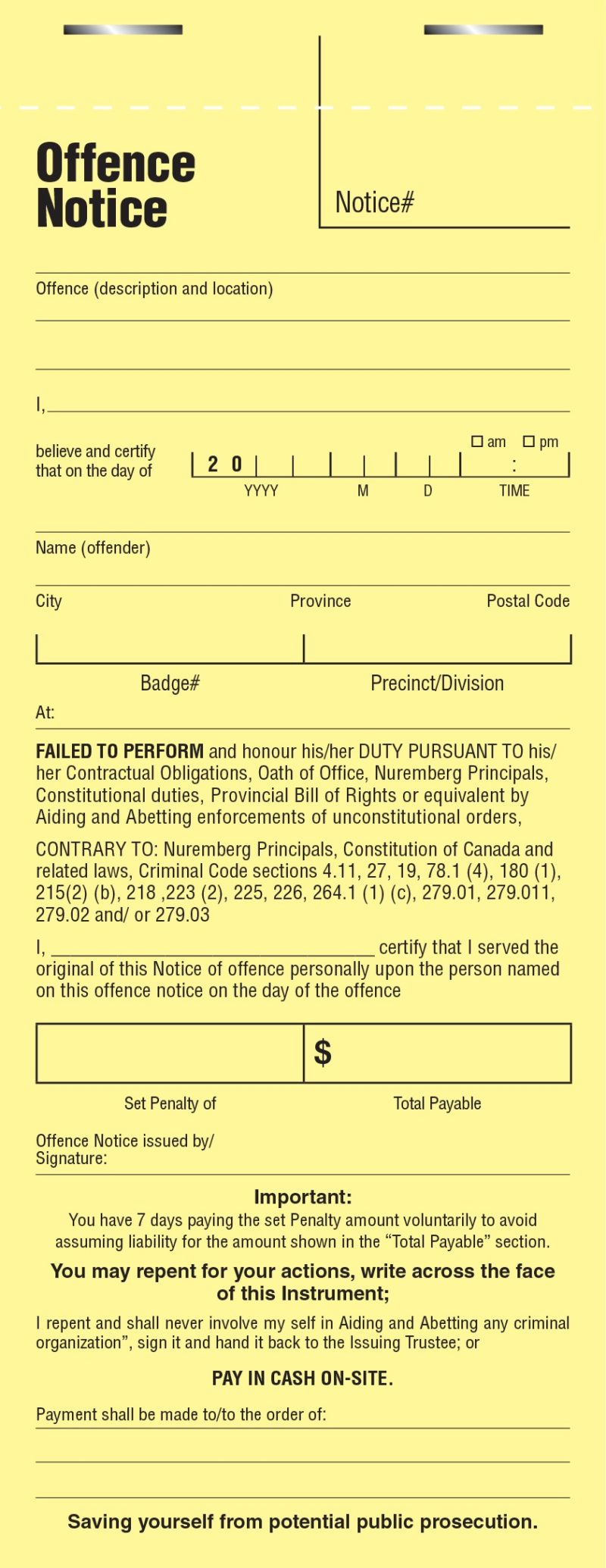 101 Ticket Book for ByLaw, Police, Stores and Others Take Action Canada