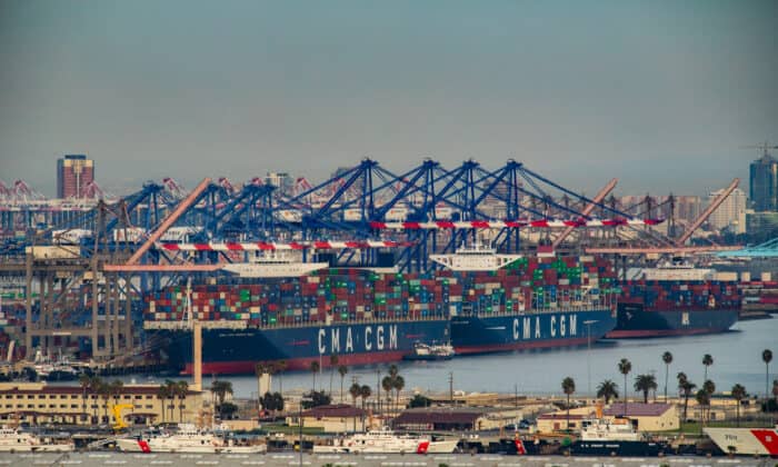 Shipping vessels are docked at The Port of Los Angeles, in Long Beach, Calif., on Jan. 12, 2021. (John Fredricks/The Epoch Times)