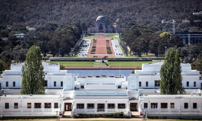 The Australian War Memorial can be seen behind the old Parliament House building in Canberra on March 22, 2020. (Photo by DAVID GRAY / AFP) (Photo by DAVID GRAY/AFP via Getty Images)